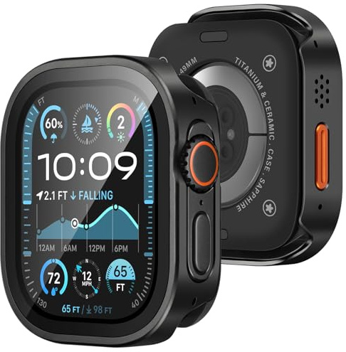 Amizee Metál Funda Compatible con Apple Watch Ultra 3/2/1 49mm con Protector de Pantalla Incorporado, Borde Recto Ultra Delgado Anti-Rasguños Protección Carcasa para iWatch 49mm, Negro