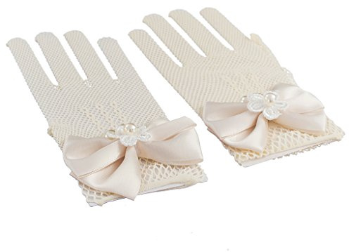 KBOLAE Blumenmädchen-Handschuhe, Satin, Schleife, Gaze, Brautjungfer, Kommunion, Hochzeit, Party, Beige, bunt, as description