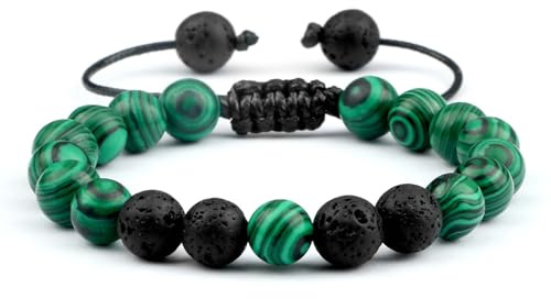 BCughia Armband Frauen Perlen, 8MM Lavastein Malachit Armband, Armband Verstellbar 17-30CM
