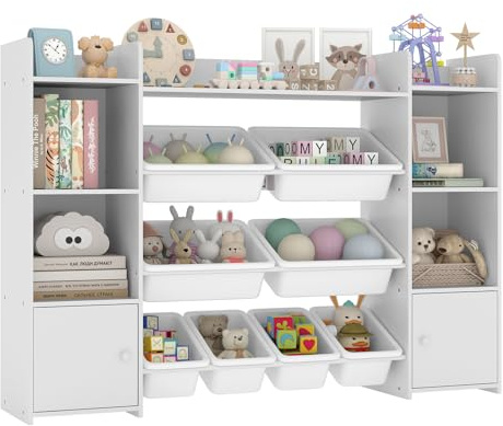 GYMAX Toy Storage Organizer, 4 Tiers Kids Bookshelf and Toy Storage Unit with 8 Bins, Open Shelves and 2 Enclosed Cabinets, Large Children Bookcase for Playroom Bedroom Nursery (White)
