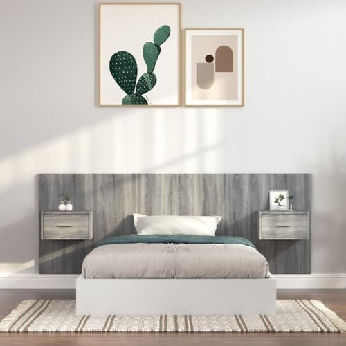 Tête de lit avec tables de chevet intégrées, en bois de sonoma gris, 120 cm de large, panneau mural robuste, espace de rangement pratique pour chambre à coucher