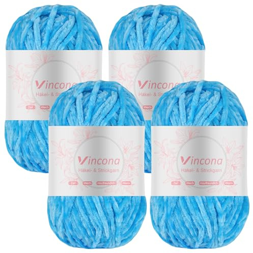 Vincona 4 x 100g Chenille Wolle zum Häkeln - Kuschelig und hautfreundlich，Garn zum Stricken und Häkeln - 100% Polyester – 4 x 120 m – Nadelstärke 5-6 Aquablau