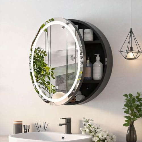 Badezimmerschrank mit Licht,Spiegelschrank rund montagefrei mit Beleuchtung | LED-Spigelschrankschrank,Runder Schwarzer Metallrahmen,Spiegelschrank für Badezimmer,3 Lichtfarben, Antibeschlag,60x60cm