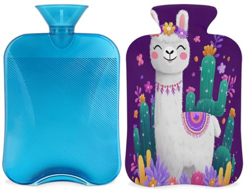 Entemne Wärmflasche, niedlicher Lama, Kaktus, Wärmbeutel mit Bezug, wiederverwendbare Therapie-Tasche zur Schmerzlinderung, Menstruationskrämpfe, Muskelkater, Winterwärme, Geschenk für den Winter, 2 l