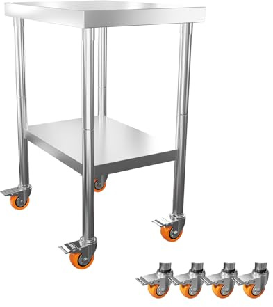 LZQ Edelstahltisch Arbeitstisch 85x61x60 cm mit Rollen, Rolltisch Edelstahl Arbeitsplatte, Servierwagen Edelstahl mit 4 feststellbaren Rädern, Tisch mit Rollen für Küche Bar Restaurantar