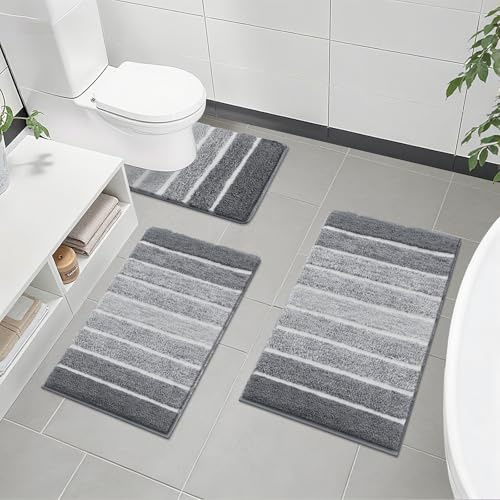 SHACOS Badezimmerteppich Set 3 Teilig Badteppich rutschfest Badematte Grau Weiche Badezimmer Teppiche Wasserabsorbierend Duschmatte Waschbar Badvorleger Set, 40x60+50x80+50x60cm