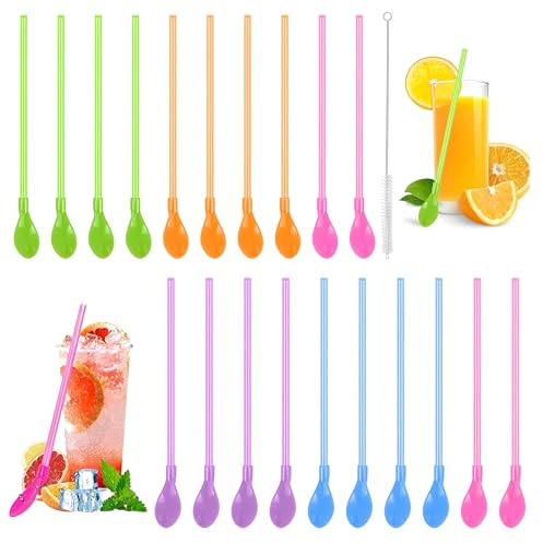20 PCS Paille à Granité, Cuillère Paille Reutilisable 2 en 1 + Brosse de Nettoyage, Pailles pour Granité Réutilisables Colorées, Pailles Cuillère pour Smoothies, Milkshakes, Cocktails, Café