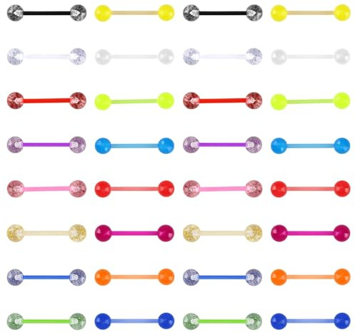 32 Stück Kunststoff Zungenpiercing Set 14G Tongue Piercing Zunge | Nippelpiercing Barbell, Piercing Schmuck Leuchtend Neon Glitzer im Dunkeln