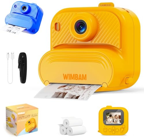 WIMBAM Appareil Photo Instantané Enfant, Jaune | 1080P HD, Avec Papier d'impression, Écran 2.0, Mode Selfie et Video, 4 Jeux