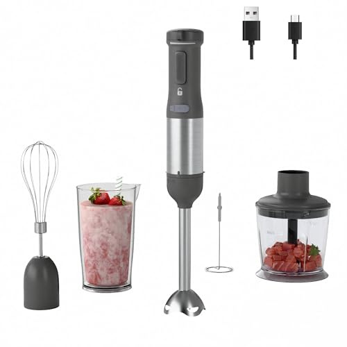 WHUTO Frullatore a immersione senza fili, frullatore portatile 5 in 1 a velocità variabile, ricaricabile con batteria da 2000 mAh, senza BPA e lavabile in lavastoviglie. Accessori: bicchiere da 700 ml
