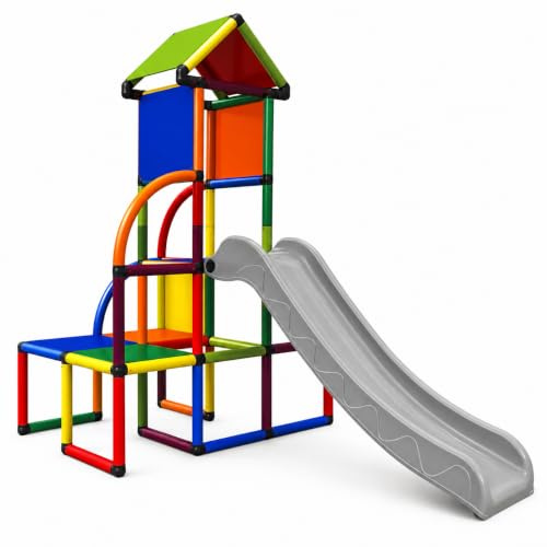 Move and Stic Toni Kletterturm mit Rutsche & Dach, Bunter Spielturm für Kinder, Indoor & Outdoor, Erweiterbares Stecksystem, UV-beständig, TÜV/GS geprüft, EN 71, ca. 225 x 125 x 194 cm