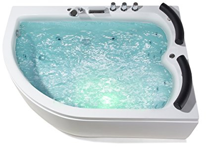 XXL Whirlpool Badewanne Palermo - 159x113 cm – 15 Massage-Düsen, LED-Farblichttherapie, Wasserfall, Eckwanne für 2 Personen, freistehend, Hot Tub Spa Indoor– Weiß, Rechte Eckmontage