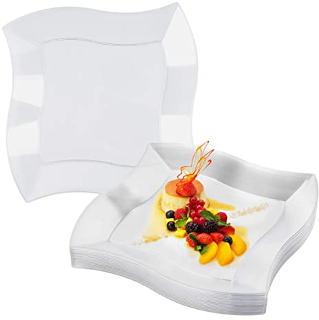 MATANA 20 Assiettes Transparentes en Plastique Dur pour Anniversaires, Mariages & Fêtes, 26cm - Design Ondulé - Solide & Réutilisable