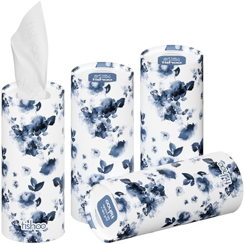 tishoo Hyaluronic Acid-Infused 4-ply Ultra Luxury Tissues | for Car Cup Holders, Home & Travel | 16 Tubes x 40 Sheets | Blue/Floral