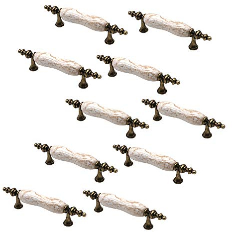 Set of 10 NUZAMAS Vintage Ceramic Cabinet Door Handles, Furniture Drawer Handles, Zinc Alloy, 120mm Long, Kitchen Cabinet Wardrobe Knobs Bars, Center to Center 76mm