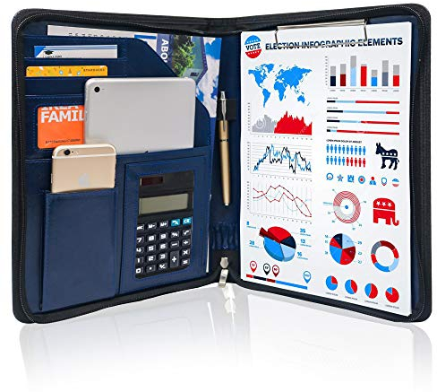 GraduatePro Klemmbrettmappe A4 mit Deckel Reißverschluss Leder Organizer Mappe Dokumentenmappe Ordner Clipboard Outdoor Blau