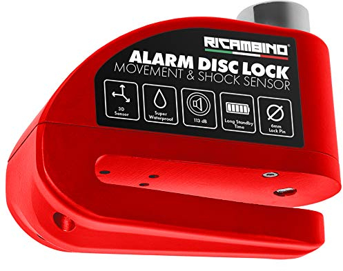 Ricambino Motorrad Bremsscheibenschloss rot, extrem robust, Alarm Scheibenschloss 110dB extrem laut, 6mm verstärkter Bolzen, Motorradschloss für Motorrad, Fahrrad, Motorroller