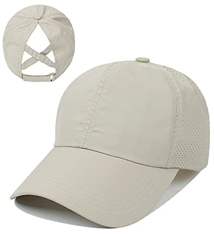 HGGE Damen Baseballkappe mit überkreuztem Pferdeschwanz, verstellbar, hohe unordentliche Knoten, Ponycap, schnell trocknend, khaki, Einheitsgröße