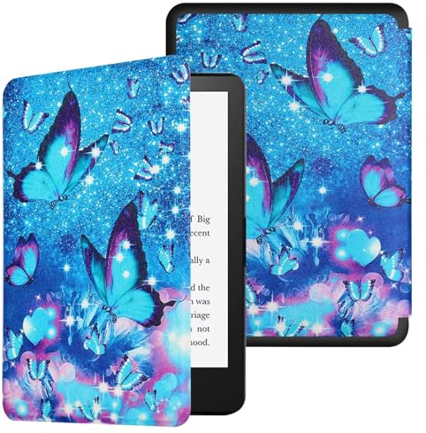 Case Compatible with 6.8 Kindle Paperwhite (11th Generation-2021) & Paperwhite Signature Edition, Hand Strap Hard Plastic Cover with Smart Auto Wake/Sleep for Kindle Paperwhite 2021, Blue Butterfly