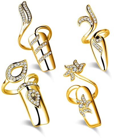 4Pcs Diamond Armor Rings Set Crystal Flower Knuckle Rings Vintage Leaf Finger Joint Costume Nail Ring for Women Girls Teens (Gold)