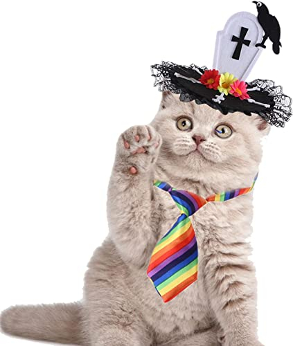 Halloween-Kostüme für Hunde und Katzen, zarter Hutkragen, Haustierdekoration, Raben-Grabstein-Kopfschmuck, Geister-Schleifenhalsband, bunte Krawatte für Halloween-Party, Haustierkostüm Lear-au