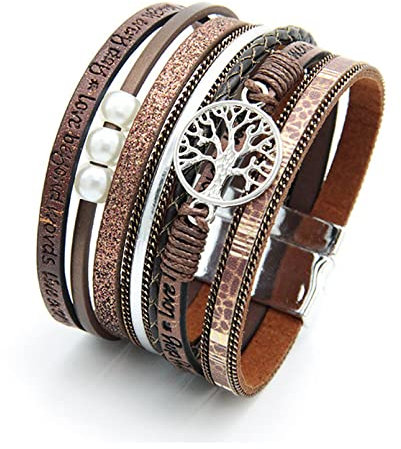 LSxAB Tree of Life Brown Leather Wrap Bracelet for Women Handmade Colorful Multi-Layer Wrapped Wristband Bracelets