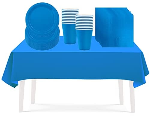 ATBEAMEN 53PCS Blue Party Tableware Decorations for Kids Birthday, Disposable Tableware Set with Tablecloth, 7inch Paper Plates, Paper Napkins, Cups for Xmas Birthday Wedding Party Favor