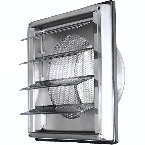 Grille ventilation 125mm Inox à Lames Mobiles - Filet Anti Insectes - Résistante Intempéries - Grille Aération Anti-Retour Automatique - Hotte/Extracteur/VMC - Intérieur/Extérieur - 185x185mm - DOMUX