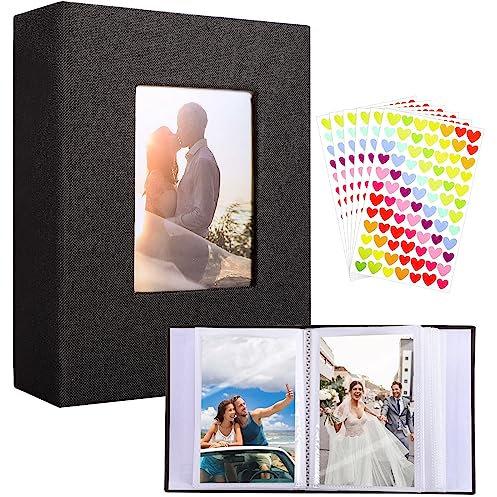 Photo Albums,Black 6x4 Photo Book 100 Photos Pockets Cloth Cover photos Album Slip In Albums 4x6 Photo Slot with Love sticker for Artwork or Postcards Storage