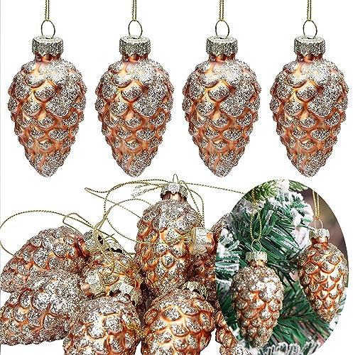 6 PCS Christmas Pinecone Glass Ornaments - Hanging Pine Cone Glass Painted Pinecone Bauble - Glitter Christmas Pinecone Pendants for Xmas Tree DIY Crafts Fall Thanksgiving Day Decoration