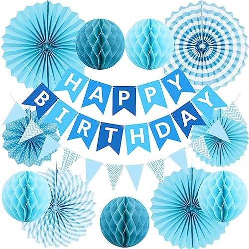Blue Reusable Birthday Decorations Kit Boys Birthday Party Decorations Reusable Blue Birthday Banner Bunting Honeycomb Paper Lanterns Paper Fans