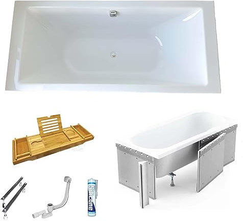 ECOLAM Baignoire rectangulaire en acrylique TAMI 200x90 cm | Planche en Bambou | support en polystyrene | siphon pieds silicone