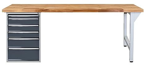 PROREGAL Werkbank Giant Rhino Plus mit 6 Schubladen | HxBxT 84x200x70cm | Traglast 500kg | Lichtgrau/Anthrazitgrau | Werkstatttisch Werktisch Packtisch Arbeitstisch