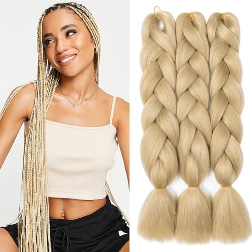 Dcbaboo Extensiones para Trenzas Africanas 60cm Pelo para Trenzas Africanas 3PCS Kanekalon Extensiones de Pelo Sintético para Trenzas Postizas Trenzado de Extensiones de Cabello 300g, Rubio ceniza