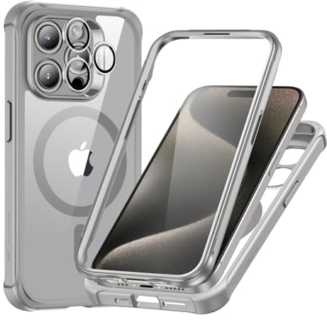 ESR für iPhone 15 Pro Hülle, Kompatibel mit MagSafe, 360 Grad Schutzhülle Stoßfest Militärnorm Magnetische Handyhülle mit Kameraschutz, Klares Grau