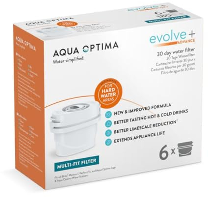 Aqua Optima Evolve+ Hard Water Limescale Filter Cartridges 6 Pack - Fits Brita Jugs & Alternative for Maxtra Filters - Reduces Limescale, Chlorine & Other Impurities - by LAICA (Packaging May Vary)