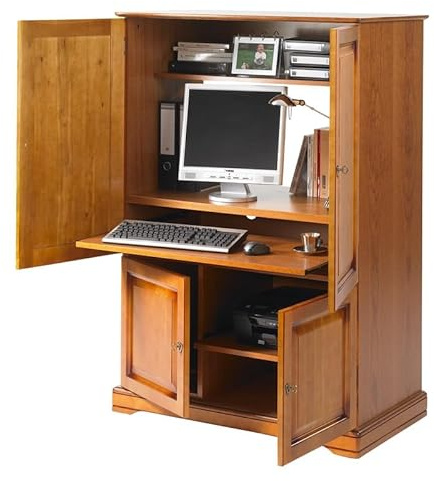 Armoire Informatique Merisier 4 Portes 7 Niches L 97 H 141 P 54 cm