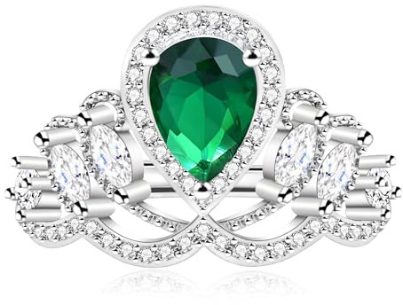Uloveido Eleganter birnenförmiger Zirkonia-Prinzessinnenkronen-Tiara-Ring, Verlobungsring für Damen, silberfarben, Tropfenform, Cocktail-Ring, Statement-Ring, verstellbar, Adjustable, Kristall,