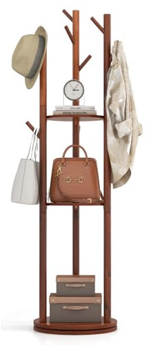 GOPLUS Porte-Manteau sur Pieds Rotatif à 360°, Porte-manteau en Bois de Caoutchouc Naturel, 3 Etagères de Rangemen avec, 9 Crochets pour Salon, Chambre, Entrée, 42 x 167 cm