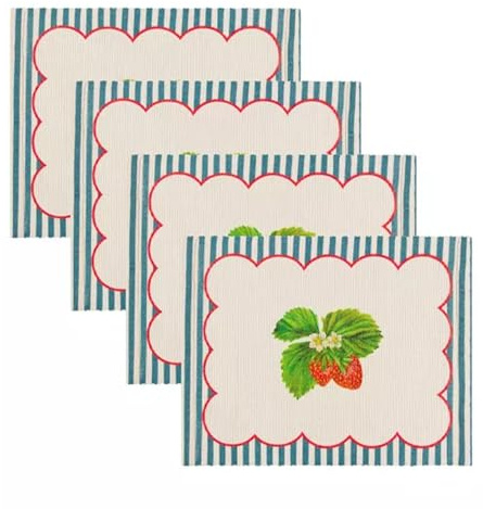 furn. Wylder Strawberry Stripes Placemats – Washable Vibrant Summer Fruit Striped Set of 4 Quick Drying Table Mats (Blue - 46x36cm)