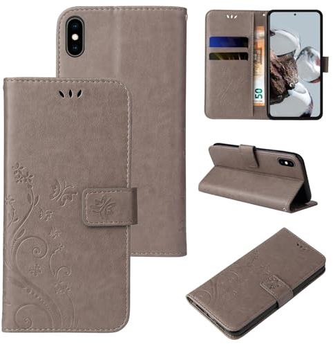 LBH Handy Hülle für Apple iPhone XS Case Handytasche Schmetterling Blumen Flower Standfunktion Schutzhülle Magnet Rundum Schutz 360 Grad Flipcase Cover Grau