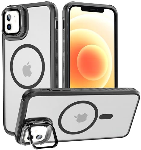 YmhxcY for iPhone 12 Case,with Lens Stand, Compatible with MagSafe, Soft border,Matte semi transparent hard back, Military-Grade Protective Phone Case,for iPhone 12 case 6.1''-Black