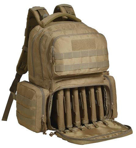 VEVOR Pistolentasche, Gewehrtasche, Pistolentaschen für 6 Pistolen, Pistolenrucksack mit 6 unabhängigen Pistolentaschen & 10 Magazinen, Pistolenrucksack für Outdoor-Jagd, Abschließbare Tasche, Braun