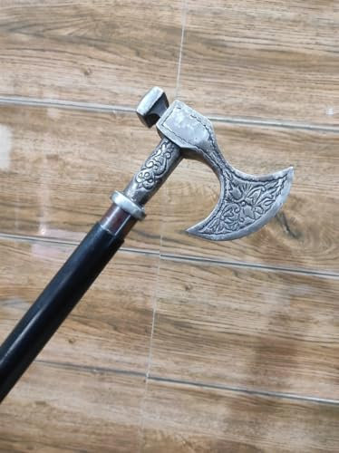 Vintage walking stick,Silver Brass Axe Handle, Cane, Wooden, Black Handmade