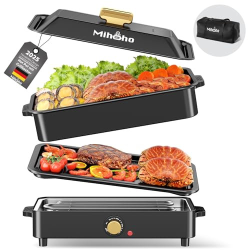 Elektrische Fertigkeit für Grill und Hotpot mit Tragetasche, 1400W,2-in-1 Multifunktionspfanne Elektrischer Grill,Langsamer Kocher Große Kapazität Antihaftgefäß mit Deckel,einstellbarer Herd (schwarz)