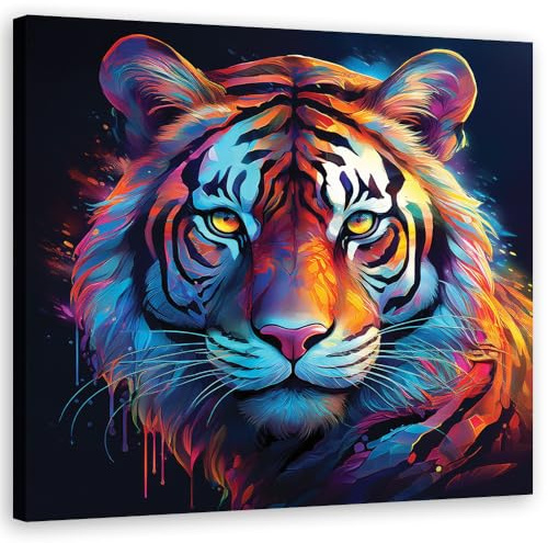Feeby Wandbilder - Bilder Schlafzimmer - Tiger Pop Art Bunt Abstrakt - 60x60 1tlg - Wohnzimmer Bild Groß - Wohnungs - Foto Geschenk - Leinwand Wall Art - Wand Deko