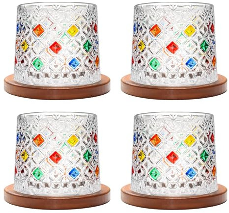 Uten Calice da Acqua Rotante, 275 ML/10 OZ Bicchiere Whisky Cristallo, Sottobicchiere in Bambù, Sensazione Spessa, Coppa da Rum Vetro Latte, Relax e Decompressione, 4 Bicchiere