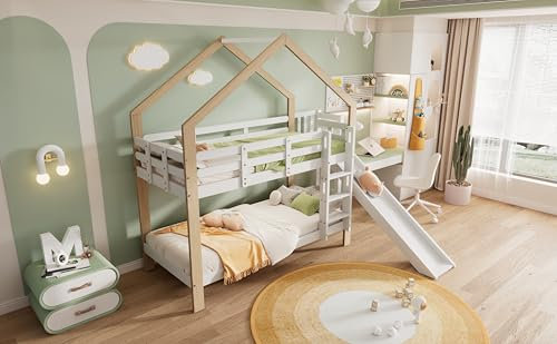 Gelukueub Letto a castello con scivolo e scala angolare a tre livelli, letto con protezione anticaduta, letto per bambini, telaio in legno massello bianco+naturale, 90 x 200 cm