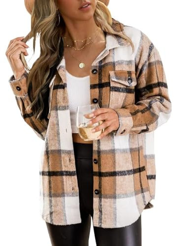 Zeagoo Veste chemise pour femme - Veste à carreaux - Manches longues - Manteau en flanelle - Blouse avec boutons, Marron/blanc., L