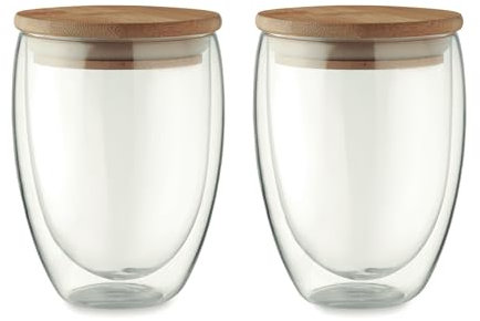 Lot de 2 Gobelets en Verre Borosilicate Double Paroi 400ml avec Couvercle Bambou Naturel - Gobelets Isothermes en Verre pour Café, Thé et Boissons Chaudes/Froides - Design, Durable et Écologique